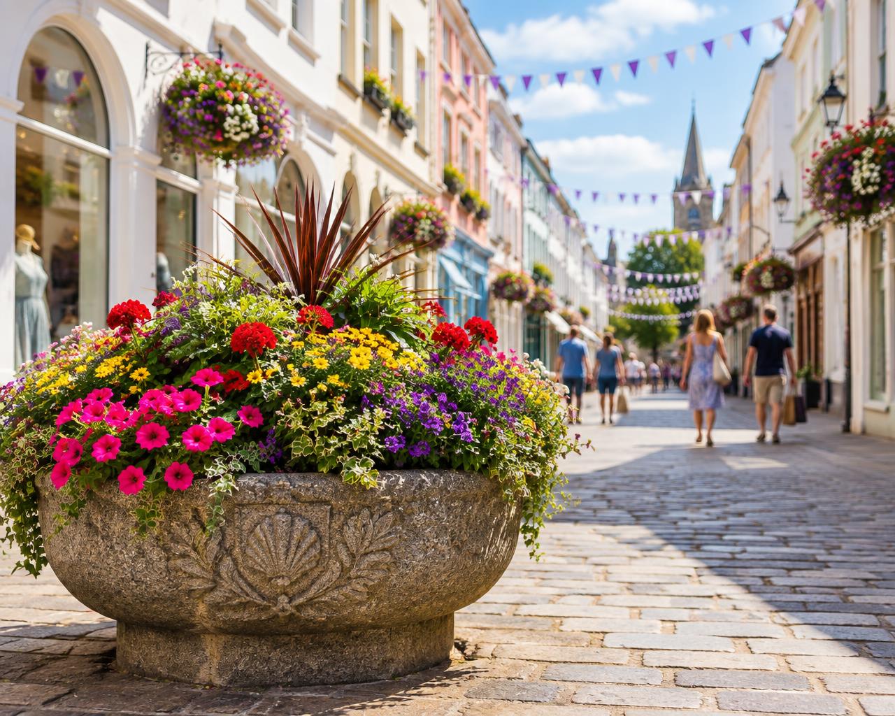 The granite apple crusher fountain filled with summer flowers on King Street, St Helier, near Accountable's office